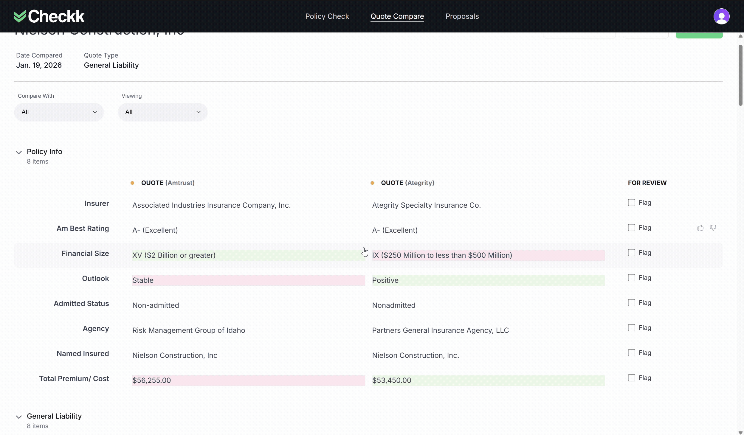 Checkk AI platform interface showing policy analysis